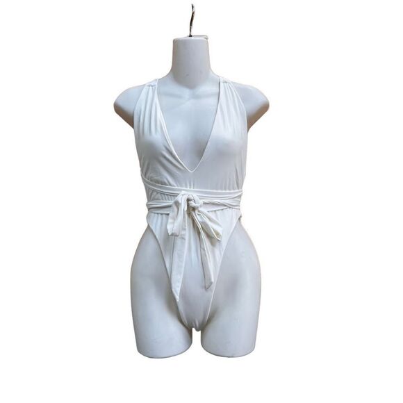 NUDE SWIM DEEP PLUNGE SELF TIE ONE PIECE IVORY CREAM SWIMSUIT NWOT LARGE - Picture 3 of 15